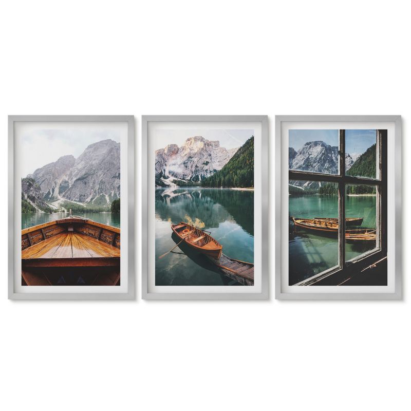 Komplet obrazów srebrna rama Tulup 40x60 cm Górskie jezioro łodzie okno Galeria ścienna 1 kpl