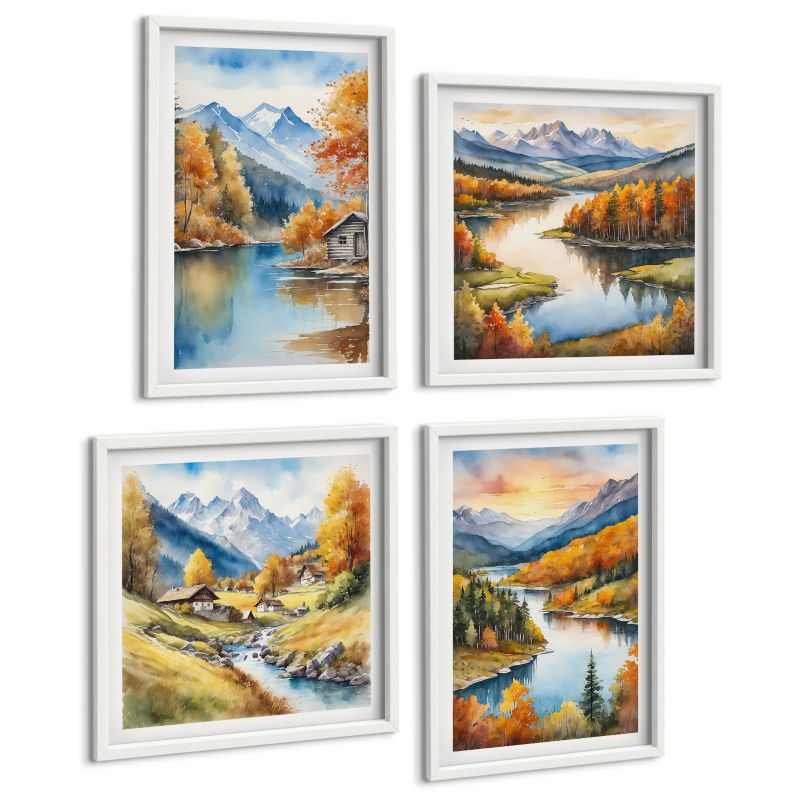 Czteroczęściowy Zestaw Obrazów ArtPrintCave (2x50x50+2x40x60cm) Biała rama Jesienne góry rzeka domek 1 kpl.