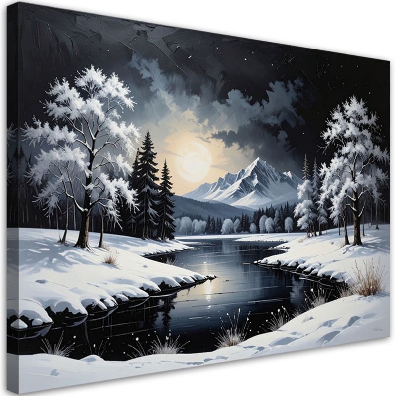 Obraz do salonu jadalni biura Feeby Krajobraz zimowy śnieg rzeka drzewa 100x70cm 1szt