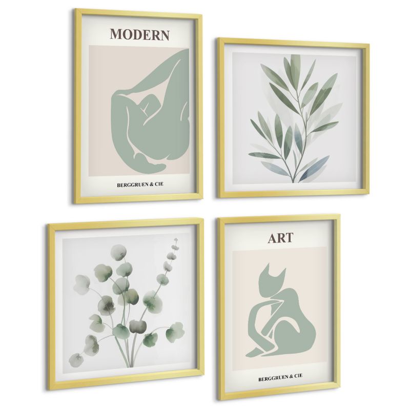 Zestaw Obrazów 4 Częściowy ArtPrintCave (2x50x50+2x40x60cm) Złota rama Roślinne motywy delikatne zieleń 1 kpl.