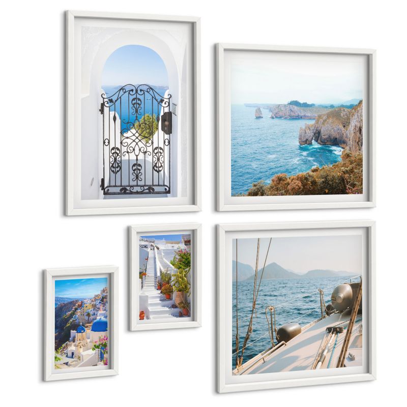 Zestaw Obrazów 5 Częściowy ArtPrintCave (2x50x50+2x20x30+40x60cm) Biała rama Santorini grecka architektura Oia 1 kpl.