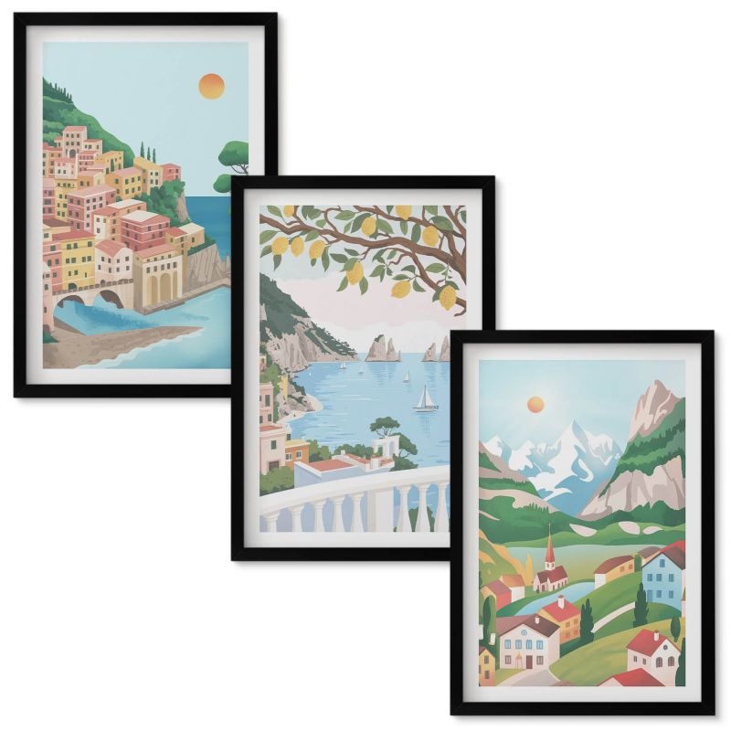 Set Obrazów w Ramie Wallfluent Widoki nadmorskie pastelowe Czarna rama 40x60 cm 3 szt.