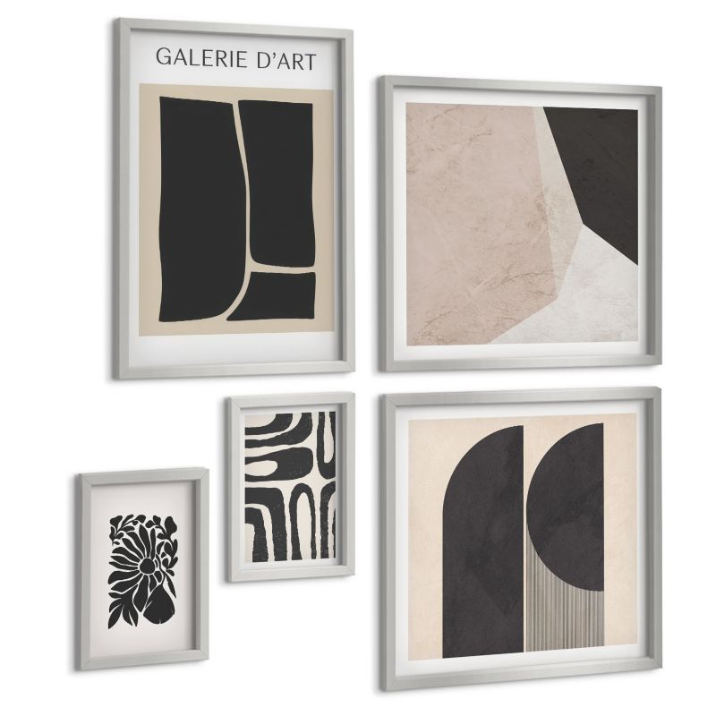 Galeria 5 Obrazów ArtPrintCave (2x50x50+2x20x30+40x60cm) Srebrna rama Abstrakcyjne minimalistyczne postery 1 kpl.
