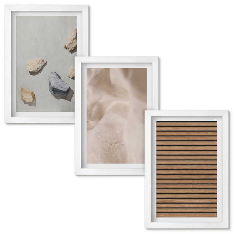Tryptyk w Ramie Wallfluent Kamienie drewno tkanina tekstury Biała rama 20x30cm 3 szt.