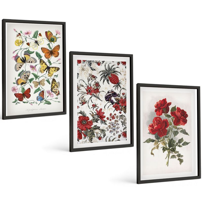 Zestaw Obrazów 3 Częściowy ArtPrintCave Czarne Ramki 40x60 cm Dekoracja do Sypialni Motyle kwiaty czerwone róże 1 kpl.