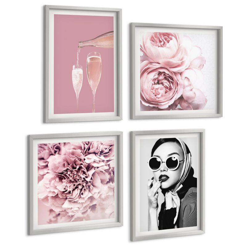 Galeria 4 Obrazów ArtPrintCave (2x50x50+2x40x60cm) Srebrna rama Kwiaty piwonie róże elegancja 1 kpl.
