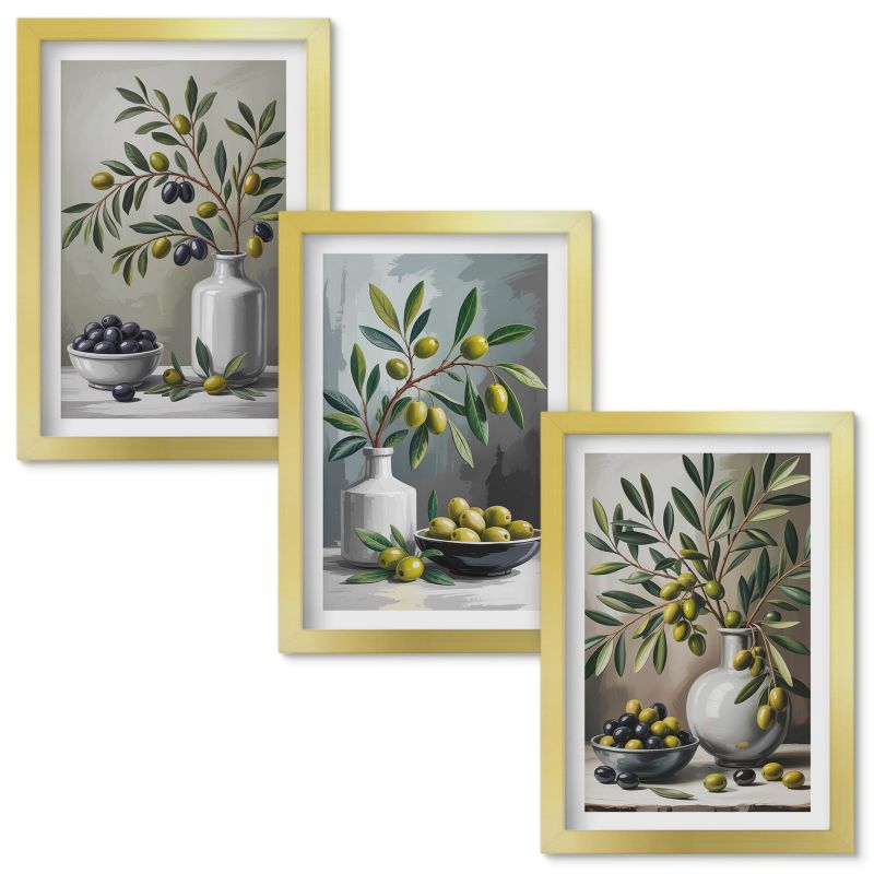 Tryptyk Obrazów w Ramie Wallfluent Oliwki ceramiczne szarość Złota rama 20x30cm 3 szt.