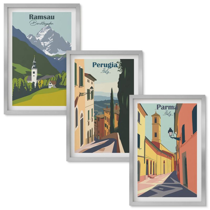 Tryptyk Obrazów w Ramie Wallfluent Górskie pejzaże i Włochy Srebrna rama 40x60 cm 3 szt.