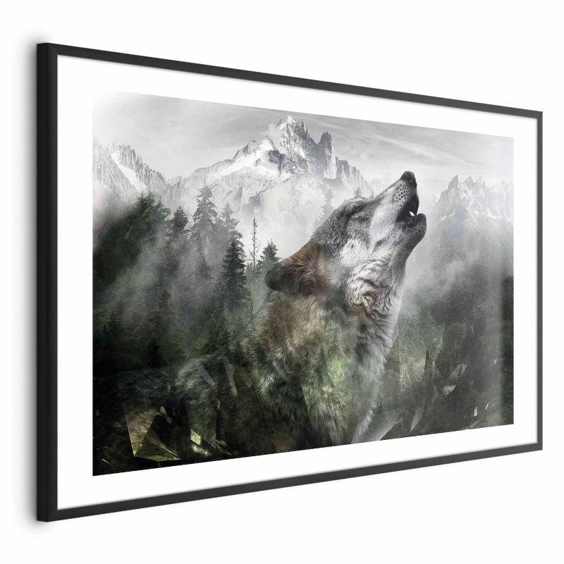 Plakat Artgeist Wyjący wilk 90x60 cm z ramą czarną z marginesem 1 szt
