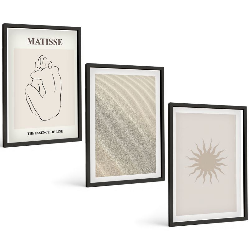 Zestaw 3 Obrazów w Czarnej Ramie ArtPrintCave 40x60 cm Galeria Ścienna Minimalistyczne linie piasku słońce 1 kpl.