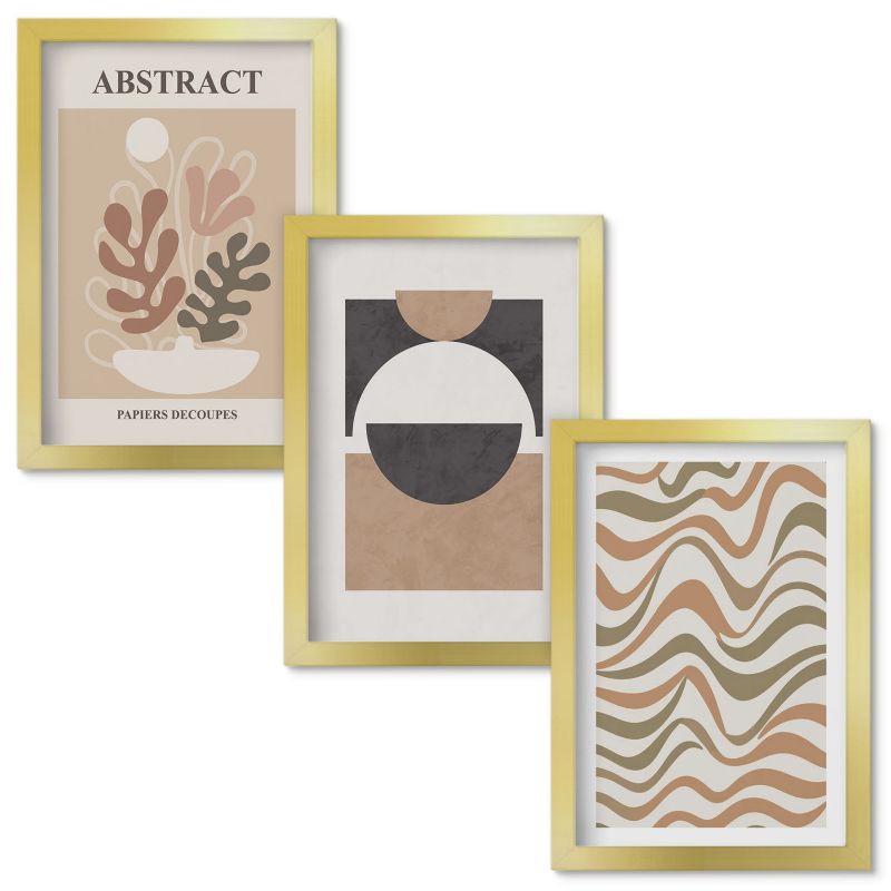 Set Obrazów w Ramie Wallfluent Abstrakcyjne kształty wzory Złota rama 20x30cm 3 szt.