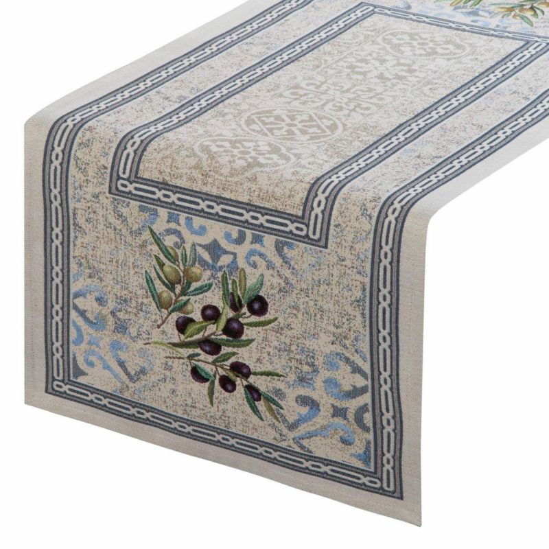 Bieżnik gobelinowy 4094/NAT Eurofirany 45 x 140 cm z motywem oliwek i ornamentów w stylu śródziemnomorskim 1 szt.
