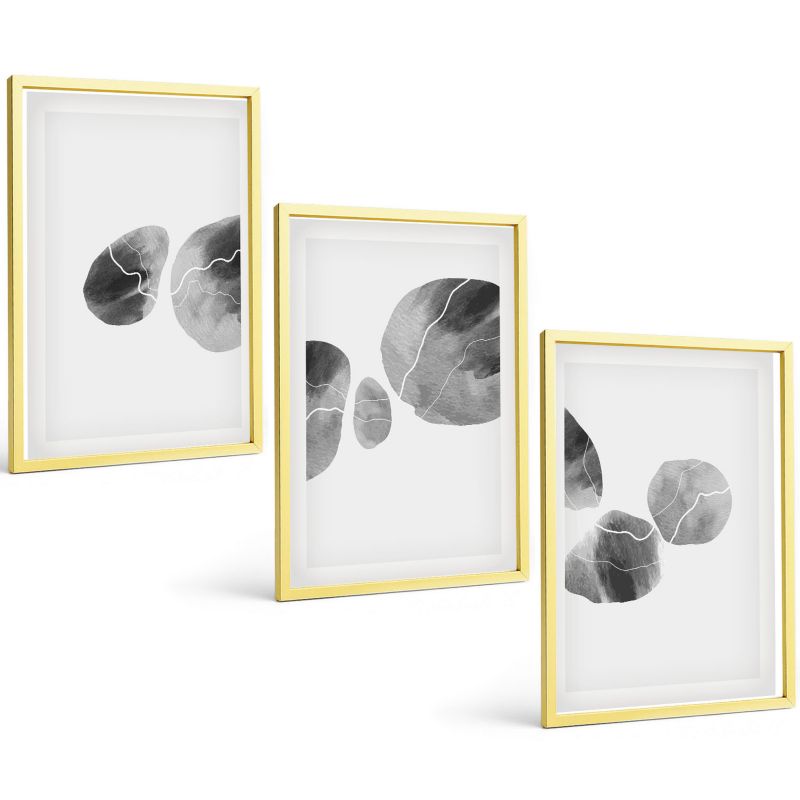 Galeria 3 Obrazów w Złotej Ramie ArtPrintCave 40x60 cm Komplet ścienny Plamy farb abstrakcyjne sztuka 1 kpl.