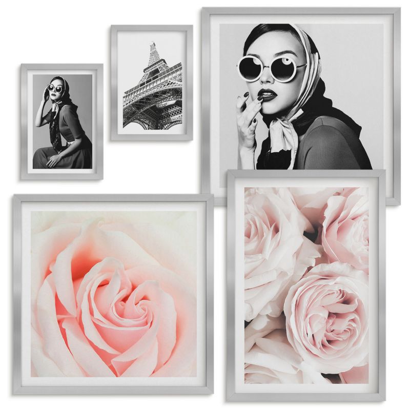 Galeria Obrazów Na Ścianę Wallfluent Kwiaty piwonie róże elegancja Srebrna rama 5 szt.