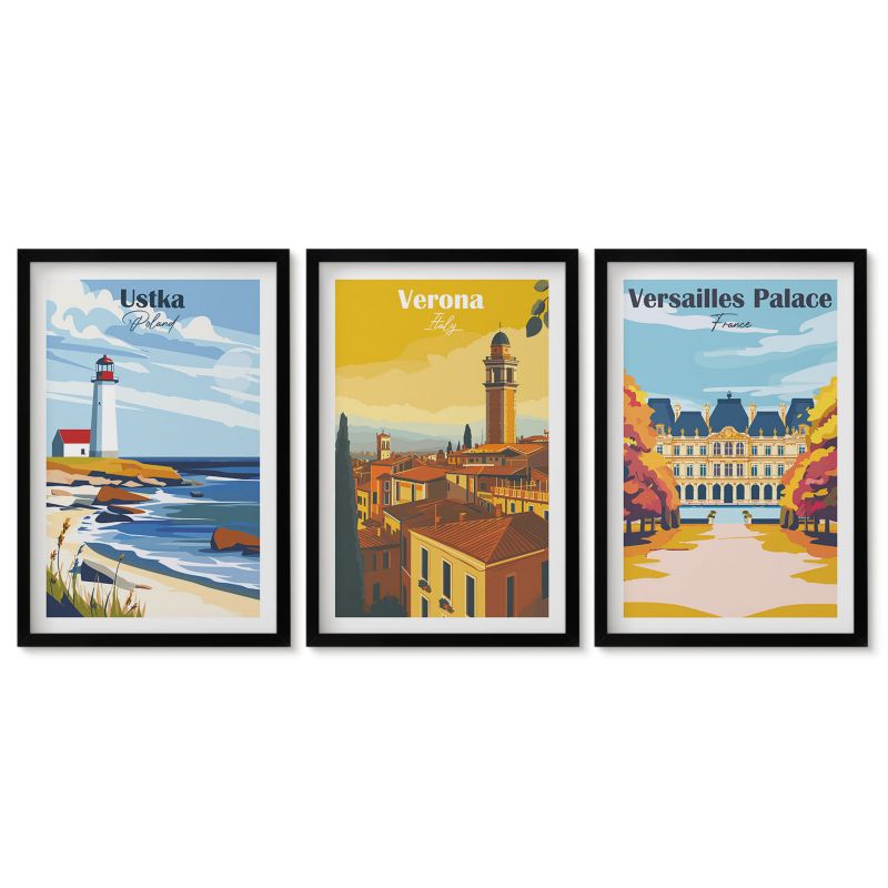 Trzy obrazy w czarnej ramie zestaw Tulup 40x60 cm Widoki miejsc nad morzem miast Obrazy do kuchni w ramie 1 kpl