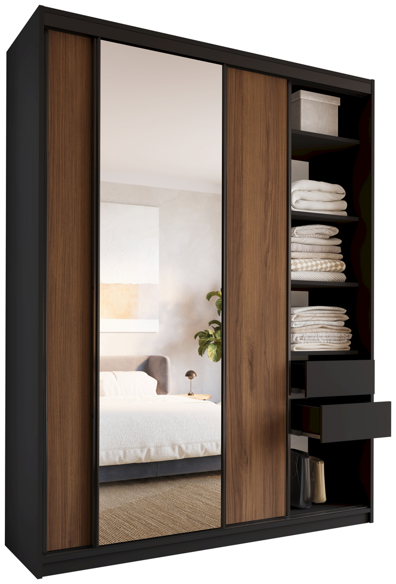 Wysoka szafa przesuwna z lustrem 180 cm do sypialni LOFT MAX orzech