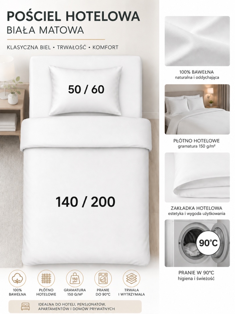 Pościel hotelowa PŁÓTNO 140x200 + 50x60 | Zakładka hotelowa | 100% bawełna