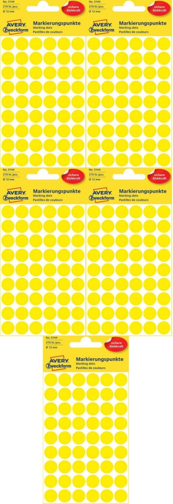 5x Etykiety Avery Zweckform, okrągłe, średnica 12mm, 270 sztuk, żółty