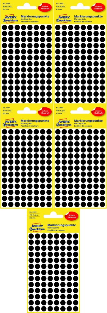 5x Etykiety oznaczeniowe Avery Zweckform, okrągłe, średnica 8mm, 416 sztuk, czarny