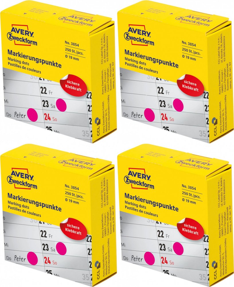 4x Etykiety Avery Zweckform, okrągłe, średnica 19mm, 250 sztuk, różowy