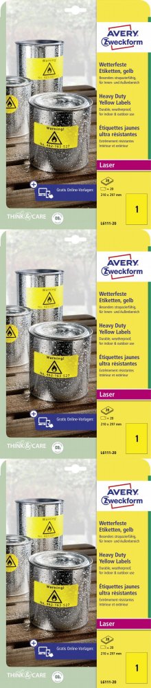 3x Etykiety specjalistyczne Avery Zweckform Heavy Duty, A4, 210x297mm, 20 arkuszy, żółty