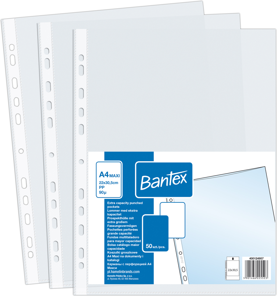 Koszulki groszkowe Bantex, poszerzane, A4+, 90μm, 50 sztuk, transparentny