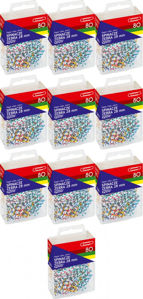 10x Spinacz Grand R-28, okrągły, w pudełku, 28mm, 80 sztuk, mix kolorów (zebra)