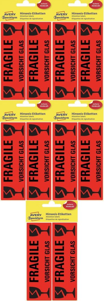 5x Etykiety ostrzegawcze Avery Zweckform, z nadrukiem "Fragile" (uwaga szkło), 119x38mm, 10 sztuk, czerwony odblaskowy