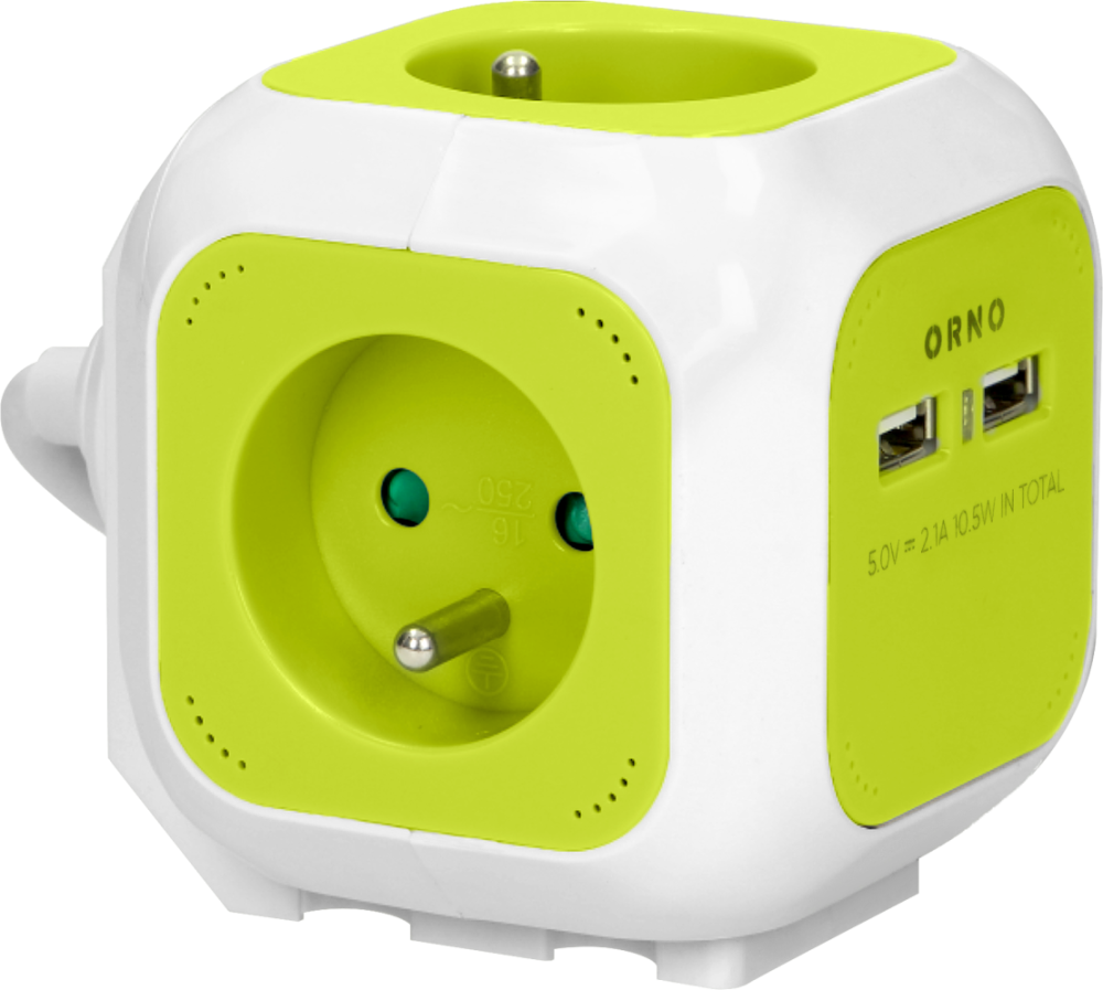 Przedłużacz kostka Orno OR-AE-13144, 4 gniazda + ładowarka 2 porty USB, 1.4m, limonkowy