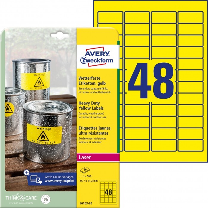 Etykiety poliestrowe Avery Zweckform Heavy Duty, wodoodporne, 45.7x21.2mm, 20 arkuszy, żółty