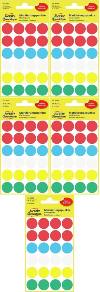 5x Etykiety Avery Zweckform, okrągłe, średnica 18mm, 96 sztuk, mix kolorów