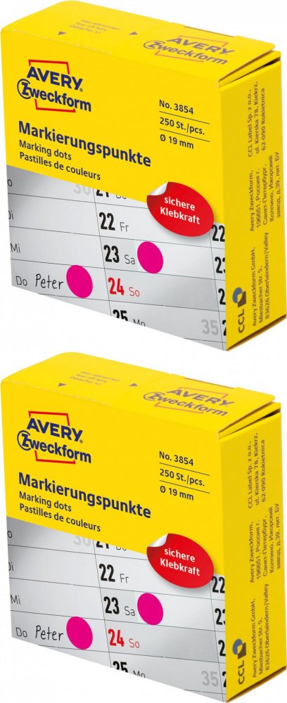 2x Etykiety Avery Zweckform, okrągłe, średnica 19mm, 250 sztuk, różowy