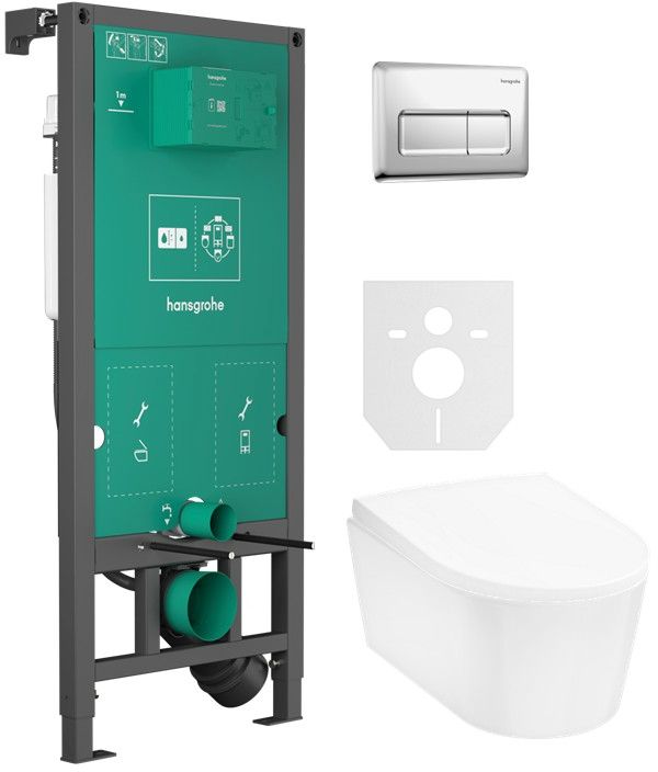 Zestaw Hansgrohe EluPura S miska WC z deską wolnoopadającą wisząca biała i stelaż z przyciskiem chrom połysk (01022180, 66001000, ...