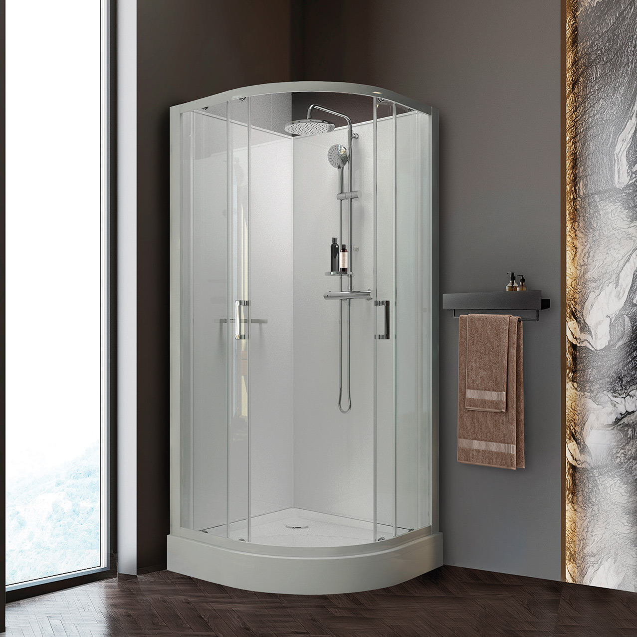 Sanplast Classic II Mineral kabina z brodzikiem i zestawem prysznicowym 90x90 cm półokrągła biały połysk/szkło przezroczyste ...