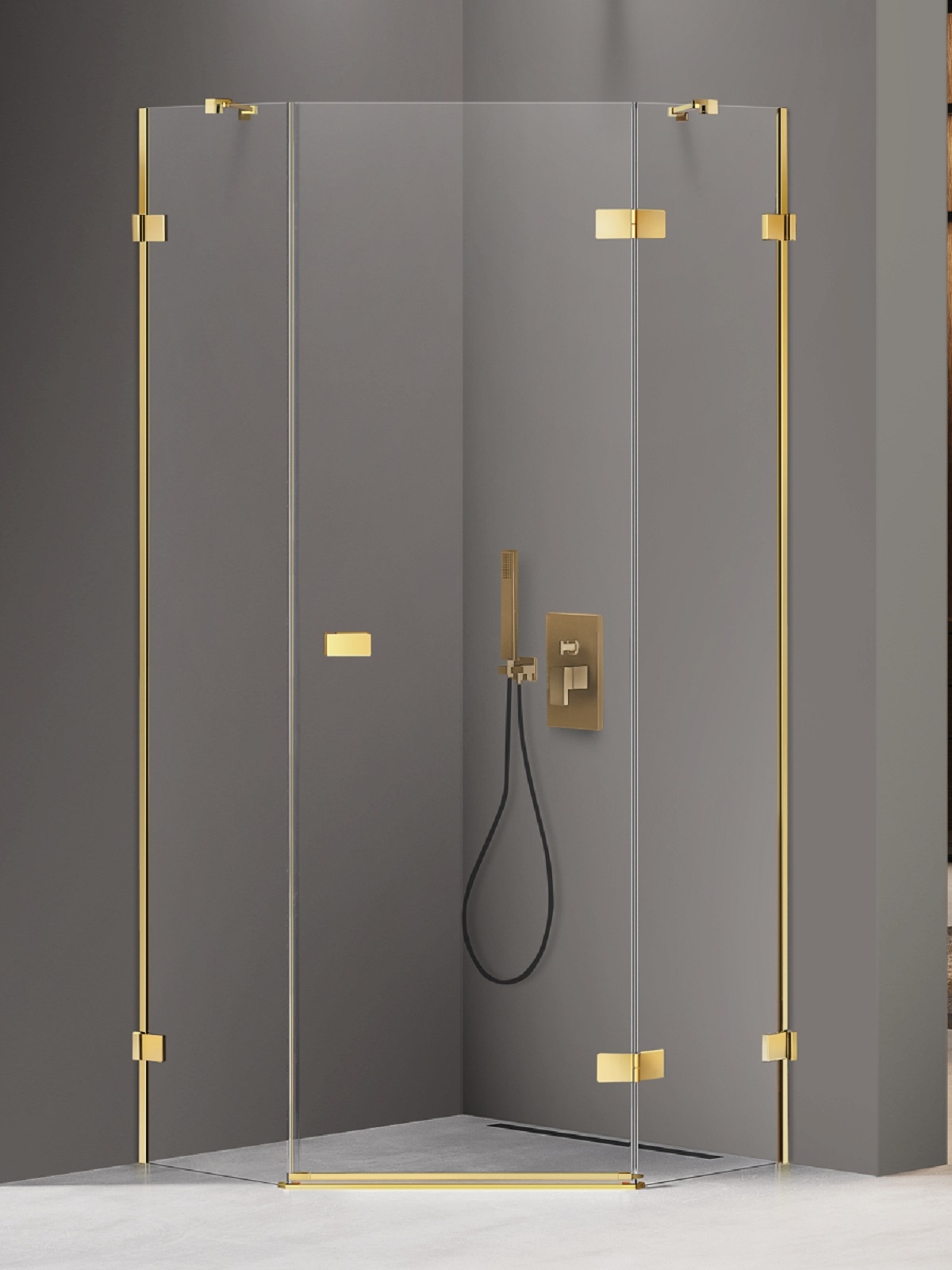 New Trendy Avexa Gold Shine kabina prysznicowa 80x80 cm pięciokątna prawa złoty połysk/szkło przezroczyste EXK-3841