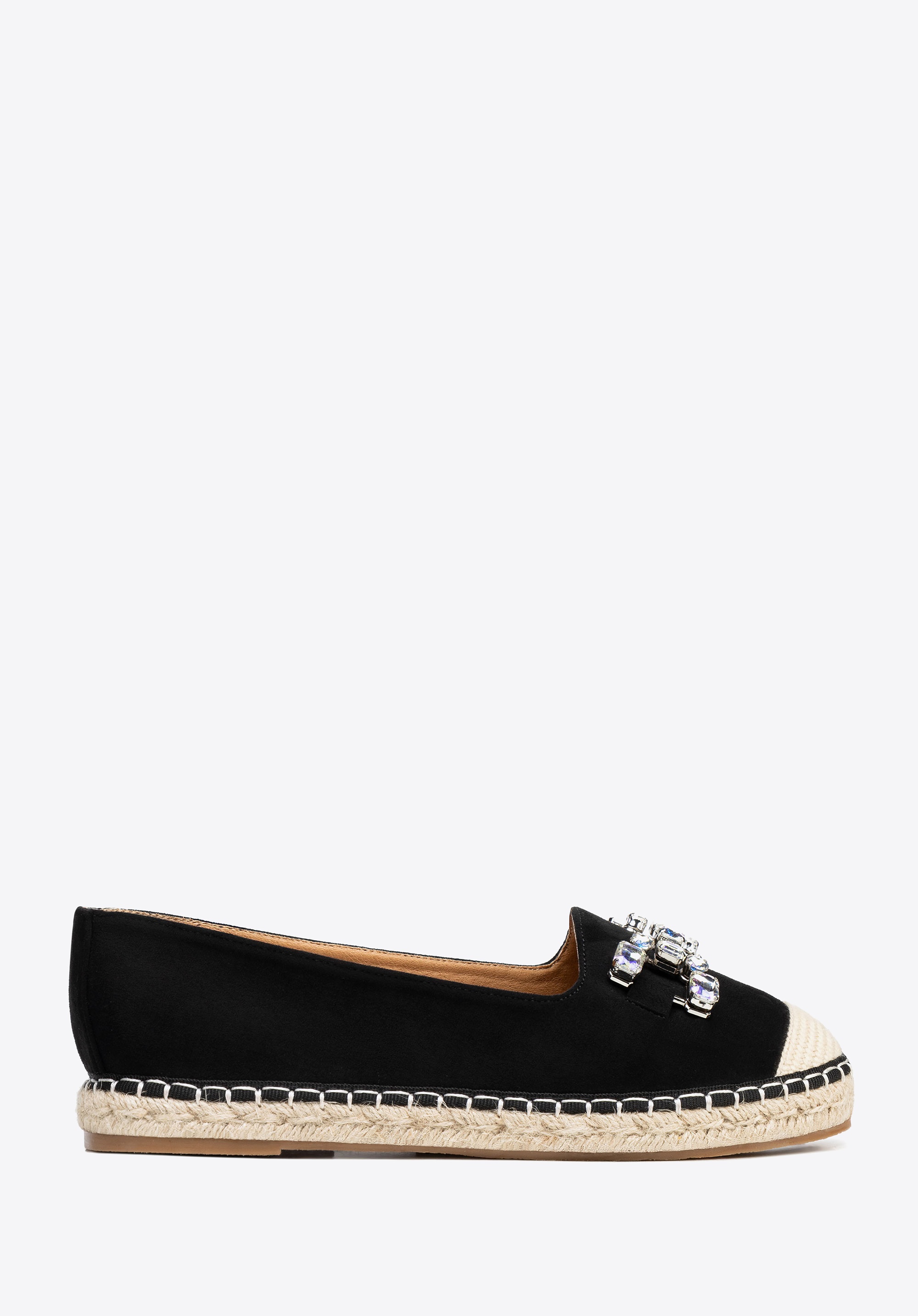 Damskie espadryle z biżuteryjną ozdobą czarno - beżowe