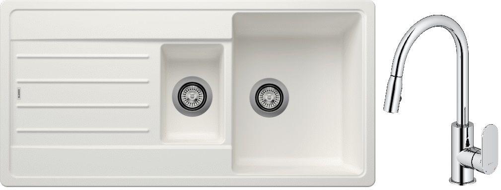 Blanco Legra 6 S zlewozmywak 100x50 cm z Silgranit biały z Oltens Lista bateria kuchenna stojąca z wyciąganą wylewką chrom (522209 ; ...