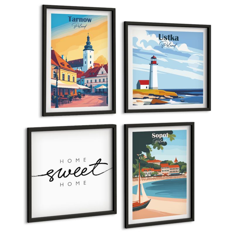 Galeria 4 Obrazów ArtPrintCave (2x50x50+2x40x60cm) Czarna rama Polskie Miasta Ustka Tarnów Sopot 1 kpl.