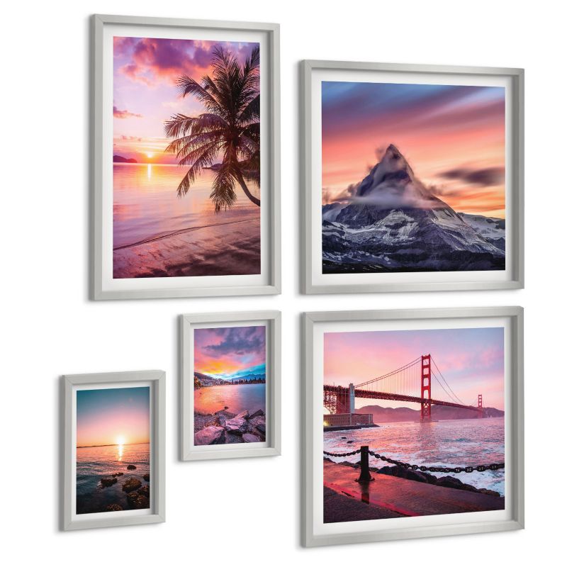 Zestaw Obrazów 5 Częściowy ArtPrintCave (2x50x50+2x20x30+40x60cm) Srebrna rama Róże szampan marmur pastel 1 kpl.
