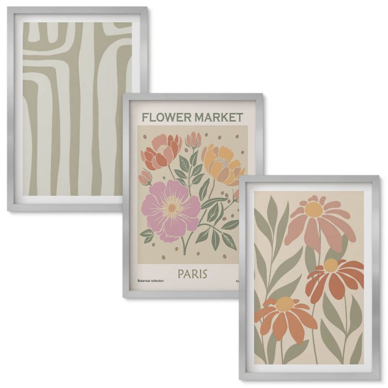 Set Obrazów w Ramie Wallfluent Motywy botaniczne Paris minimalizm Srebrna rama 40x60 cm 3 szt.