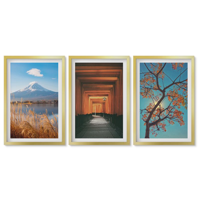 Zestaw 3 obrazów w złotych ramach Tulup 40x60 cm Japońskie krajobrazy natura Stylowa galeria nad biurko 1 kpl
