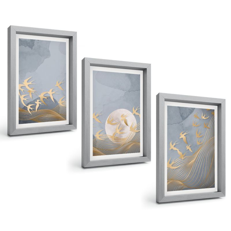 Zestaw 3 Obrazów w Srebrnej Ramie ArtPrintCave 20x30 cm Galeria Ścienna Ptaki w locie na niebie 1 kpl.