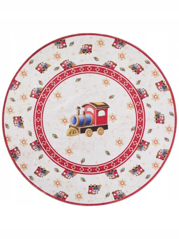 Dywan Villeroy&Boch 160 cm okrągły, świąteczny wzór pociąg, antypoślizgowy, płasko tkany, 1 szt.