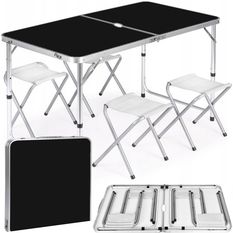 Stół turystyczny cateringowy ogrodowy rozkładany składany z otworem 120x60cm Heckermann Czarny + 4x Taboret 1szt