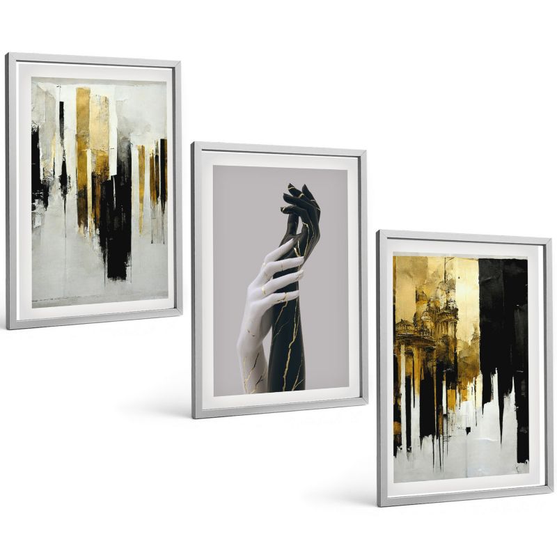 Galeria 3 Obrazów w Srebrnej Ramie ArtPrintCave 40x60 cm Komplet ścienny Abstrakcyjne malarskie wzory ręce 1 kpl.
