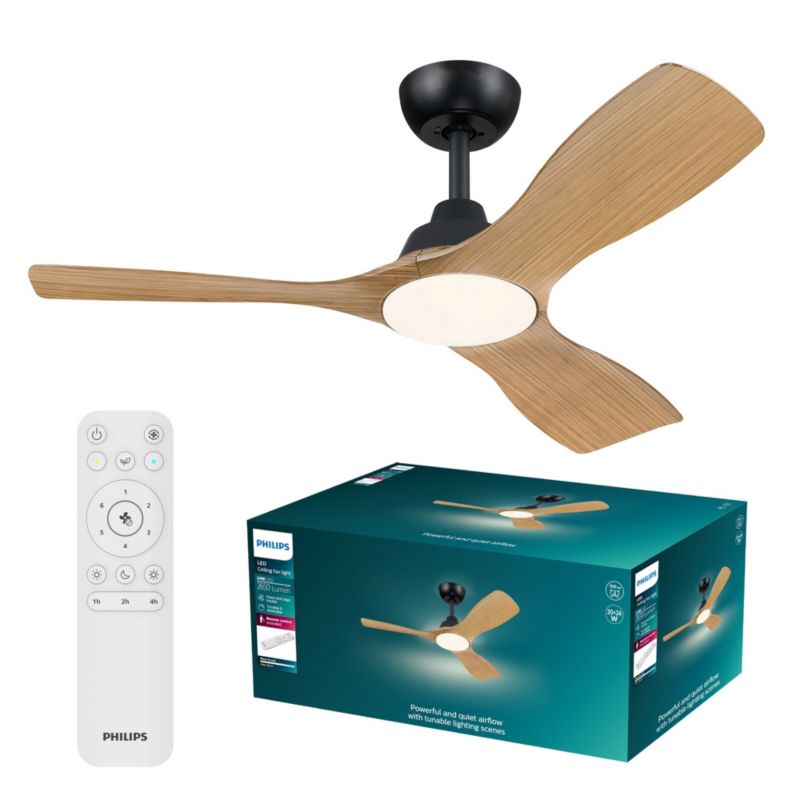 Lampowentylator Philips Olas 30W 106cm Lampa Sufitowa Wentylator sufitowy 24W 2650lm CCT Czarny Drewno z Pilotem 1 szt.
