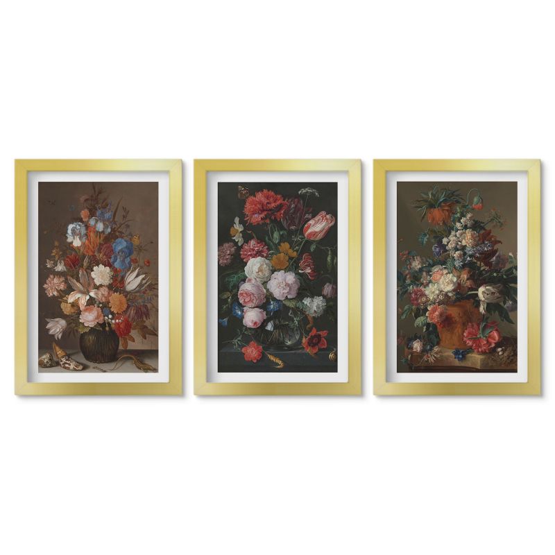Tryptyk w złotej ramie Tulup 20x30 cm Kwiaty w wazonach kompozycje Małe obrazy do kuchni w ramie 1 kpl