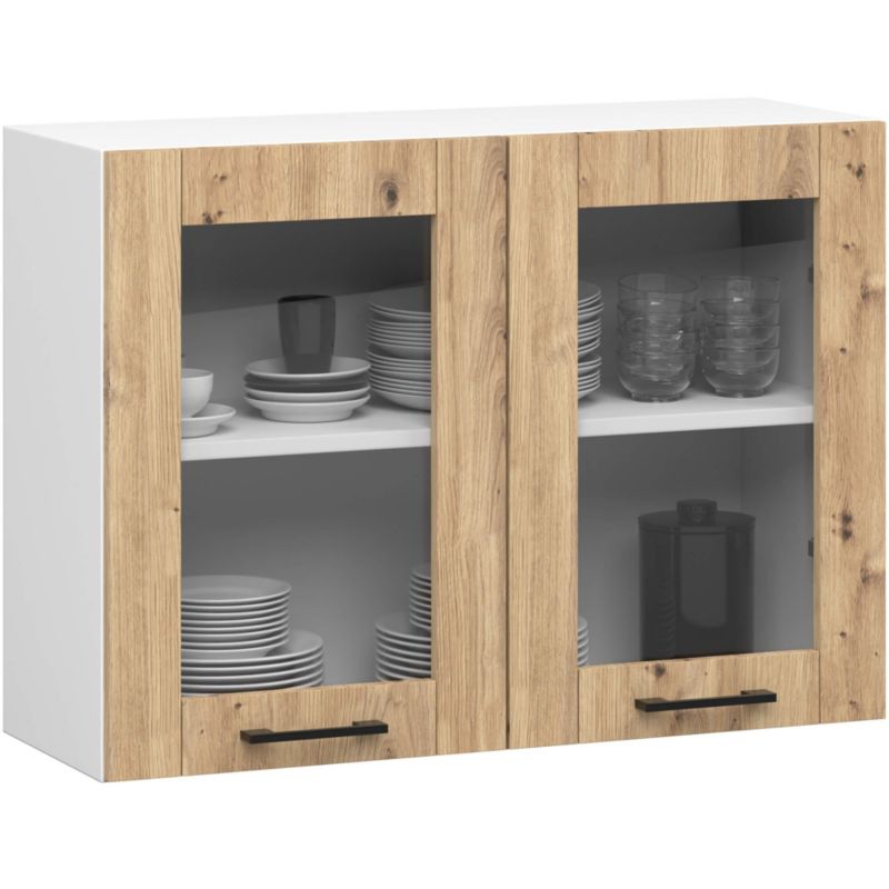 Szafka kuchenna wisząca witryna Akord Oliwia W80 Biała 80 cm 2 drzwi kolor Dąb Artisan mat 2 półki 80x30,5x58 cm 1 szt.