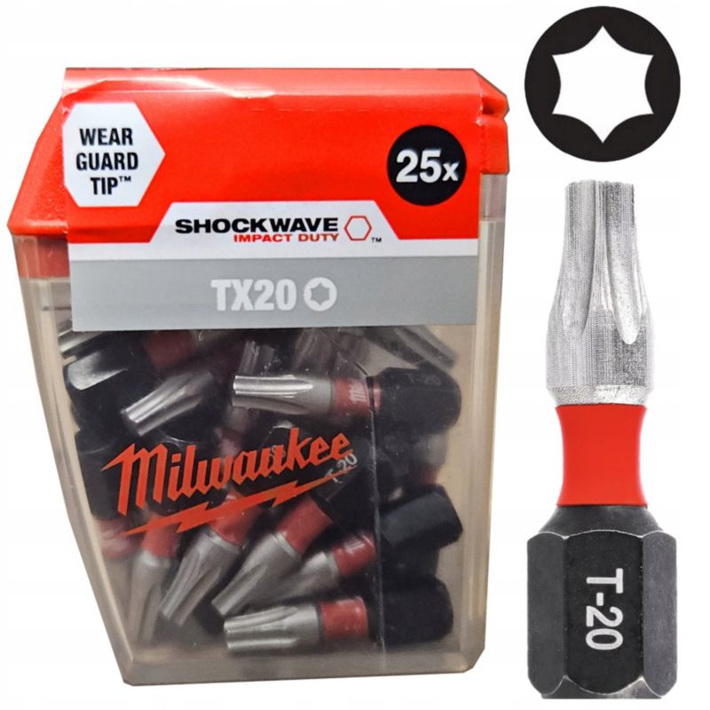 Bit Udarowy MILWAUKEE TX20 25 mm KOŃCÓWKA MAGNETYCZNA WKRĘTARKI TORX V8 25 elementów 1szt.