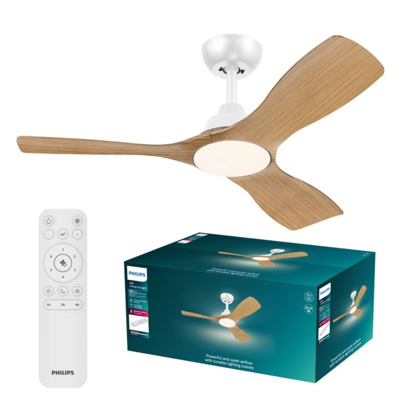 Lampowentylator Philips Olas 30W 106cm Lampa Sufitowa Wentylator sufitowy 24W 2650lm CCT Biały Drewno z Pilotem 1 szt.
